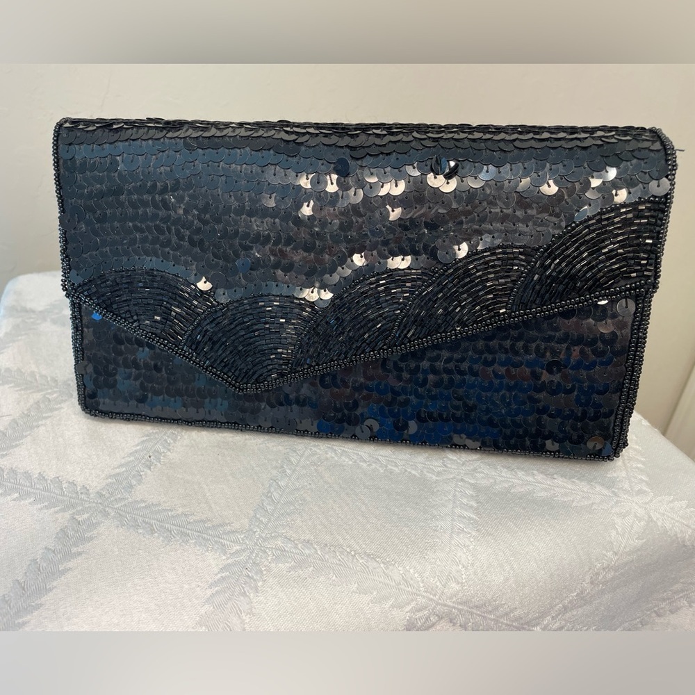Elegant Formal Black Sequin Clutch with optional Shoulder Strap